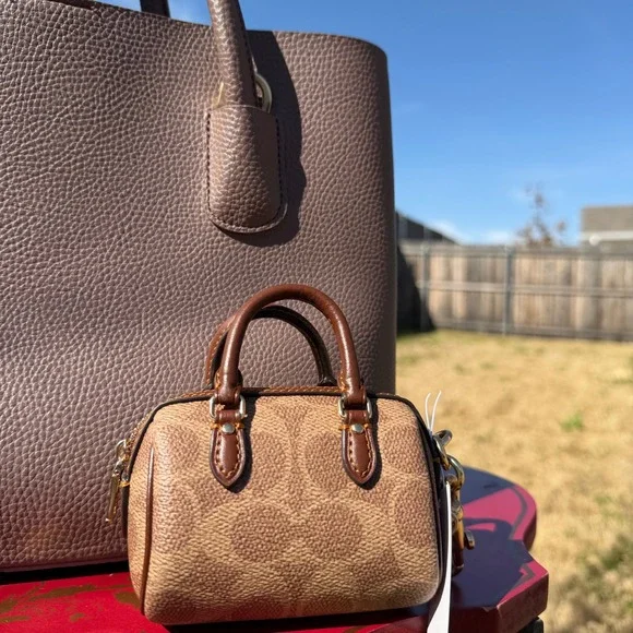 Coach Micro Rowan Bag Charm Signature Canvas Keychain Brown Mini Satchel NEW - Picture 4 of 5